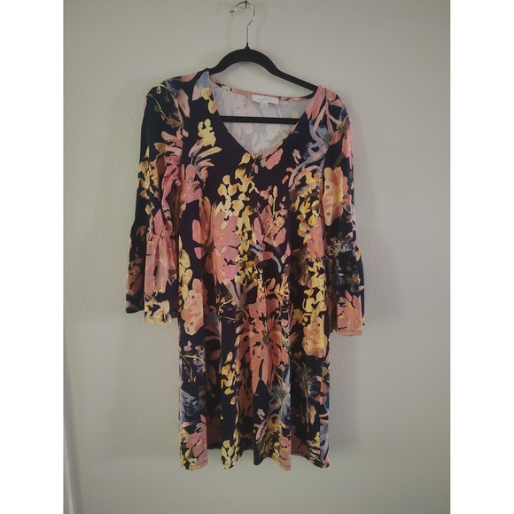 new directions Dresses & Skirts - New‎ Directions Floral V-Neck Bell Sleeve Shift Dress Navy Pink Yellow Small